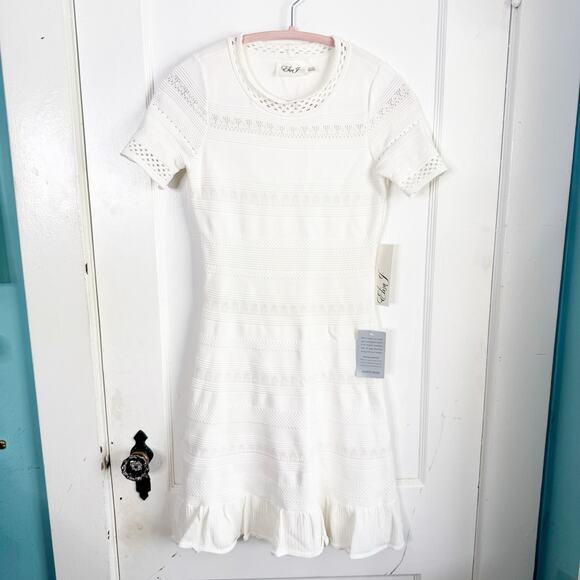 Eliza J Pointelle Knit Ruffle Hem Dress Ivory Petite Size Small NEW Textured - Picture 3 of 16
